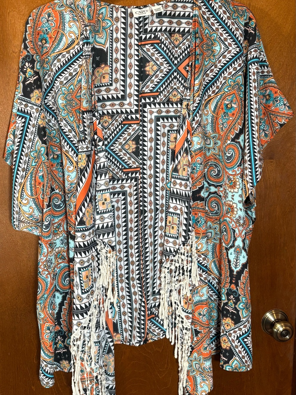 Cato Woman Geometric Print Open Front Kimono in Orange, Turquoise & Black